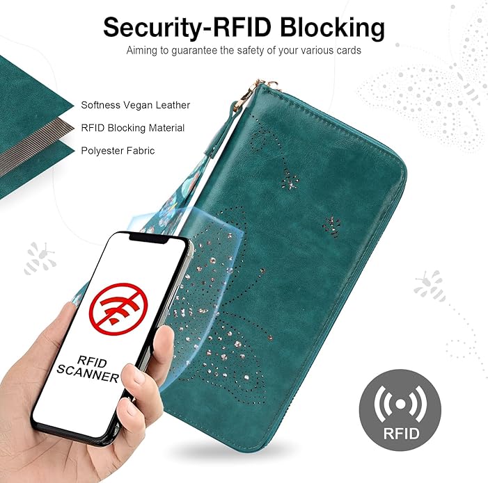 RFID Wallet Women, Large Capacity Butterfly Cell Phone Clutch Purses Ladies Wristlet Wallets for Women