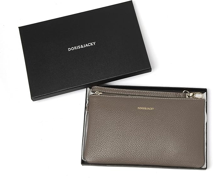 DORIS&JACKY Small Leather Wristlet Clutch Purse for Women Slim Designer Wallet and Cellphone Pouch Bag With Detachable Strap
