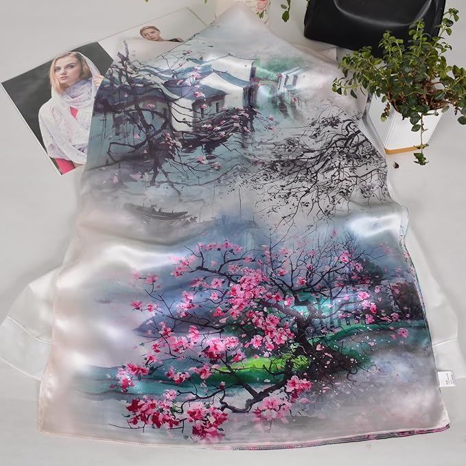 100% Mulberry Silk Scarf for Women Neck Oblong Headscarves Long Floral Print Lightweight Silk Wraps Shawls 67"*20"