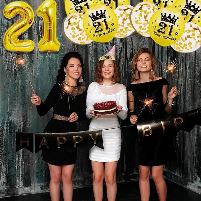 Girls 21st Birthday Decorations Set, Include Crown and Sash, Cake Topper and Candles, Gold Balloons, Party Supplies