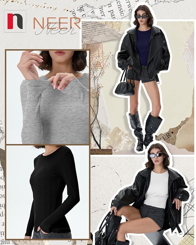Neer 4 Pack Women's Ribbed Long Sleeve Shirts, Cotton Crew Neck Slim Fit Tops Stretch Knit Casual Base Layer Basic Tee Shirts