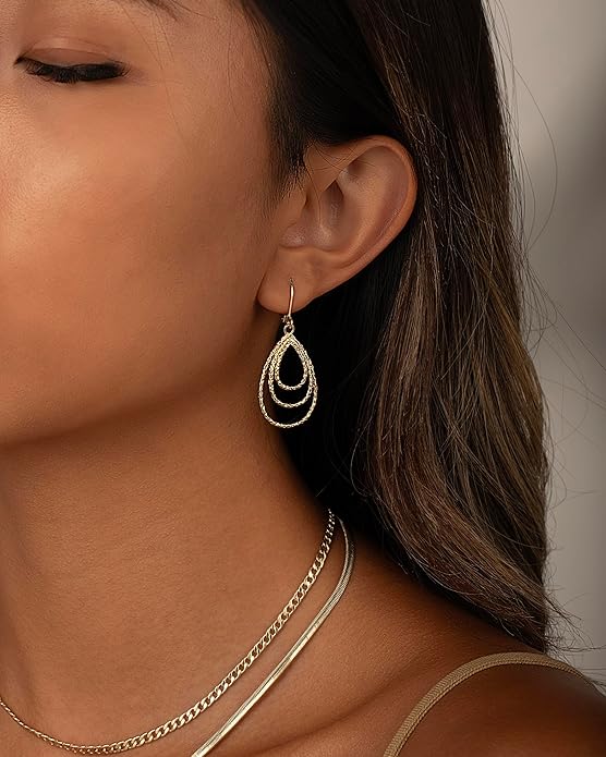 Gold Dangle Earrings for Women, 14K Gold Plated Lightweight Hypoallergenic Teardrop Drop Earrings, Trendy Leverback Minimalist Jewelry for Sensitive Ears Vacation Wear, 7-Styles