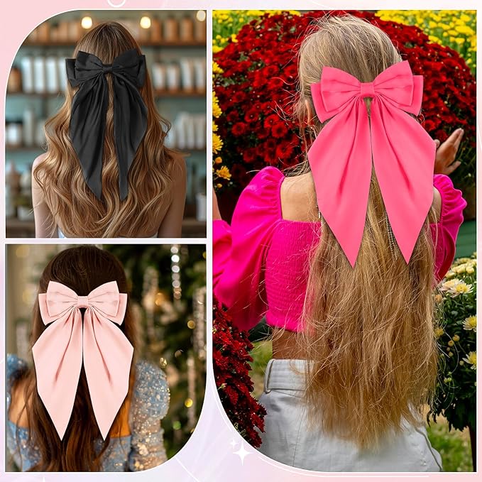 Hoteam 16 Pcs Silky Satin Hair Bows Bulk for Women Large Hair Ribbons Oversized Bows Oversized Long Tail Large Bow-knot Clips Accessories Gifts(Vibrant)