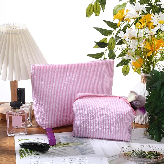 2 Pieces Makeup Bag Set Cute Cosmetic Pouch for Women Seersucker Travel Toiletry Bag Preppy Small Makeup Purse Pouch Aesthetic Skincare Brushes Storage Organizer for Christmas Women(Pink)