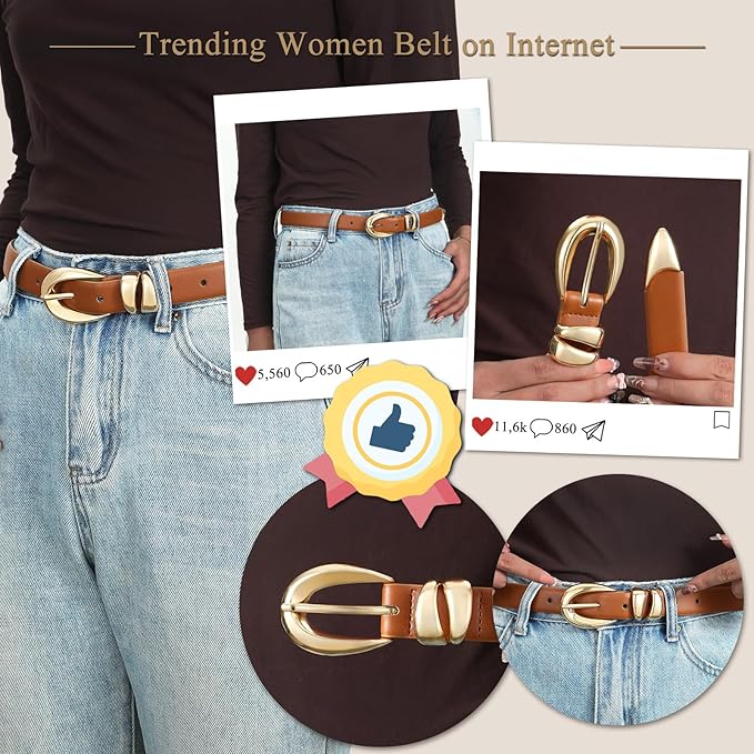 Belts for Women with Gold Buckle – Adjustable Black leather Belt for Jeans, Dress, Pants