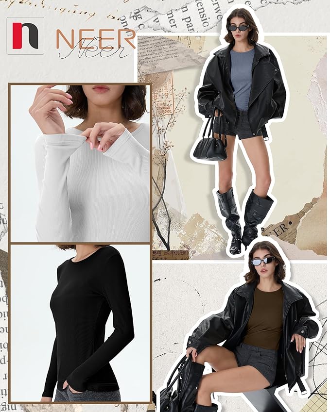 Neer 4 Pack Women's Ribbed Long Sleeve Shirts, Cotton Crew Neck Slim Fit Tops Stretch Knit Casual Base Layer Basic Tee Shirts