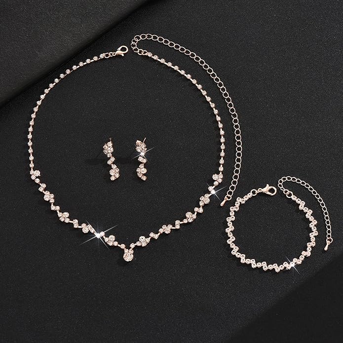 Wedding Jewelry Sets for Brides Silver Rhinestone Necklaces Earring Bracelet Set Wedding Sets for Women Prom Jewelry Sets for Women