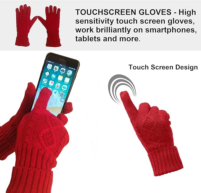 Winter Hat Gloves Scarf Set for Women, Cable Knit Beanie Pom Cap Touch Screen Glove Long Scarf 3PCS Winter Gift for Women Men
