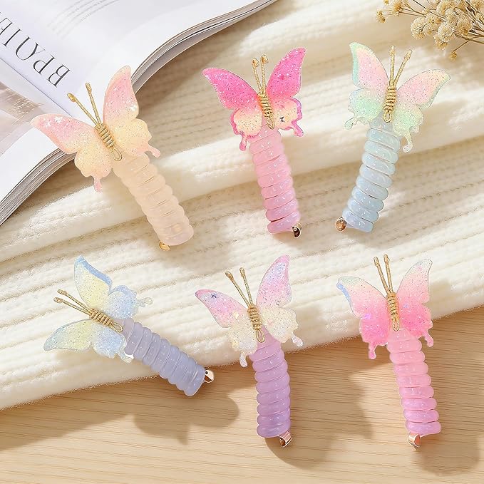 6PC Pearl Butterfly Telephone Wire Hair Ties – Spiral Elastic Bubble Ponytail Hair Bands for Women & Girls, No Damage, Soft & Stretchy Hair Accessories for High Ponytails and Braids (set-F)
