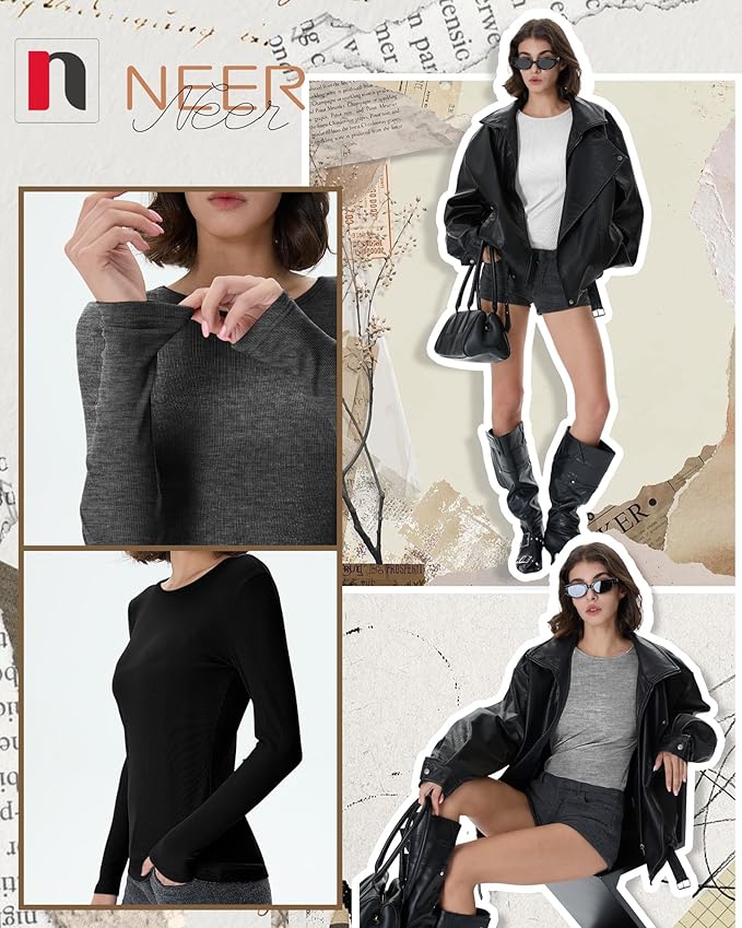 Neer 4 Pack Women's Ribbed Long Sleeve Shirts, Cotton Crew Neck Slim Fit Tops Stretch Knit Casual Base Layer Basic Tee Shirts