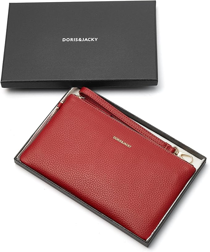 DORIS&JACKY Small Leather Wristlet Clutch Purse for Women Slim Designer Wallet and Cellphone Pouch Bag With Detachable Strap