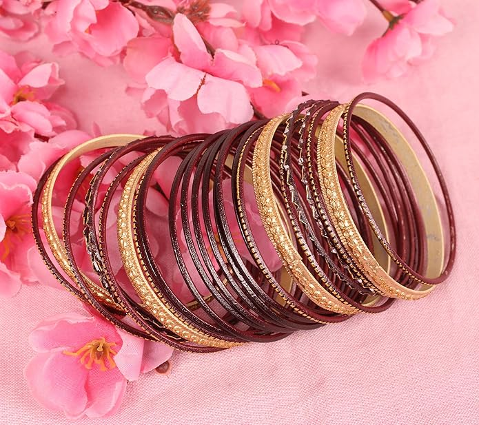 Touchstone Indian Metal Bangles for Women Gold Alloy Bracelets desi 2 Dozen Bangle Collection Bollywood Women's Jewelry Set Multi Stacking Wide Chunky Textured Golden Set of 24 in Gold or White Tone