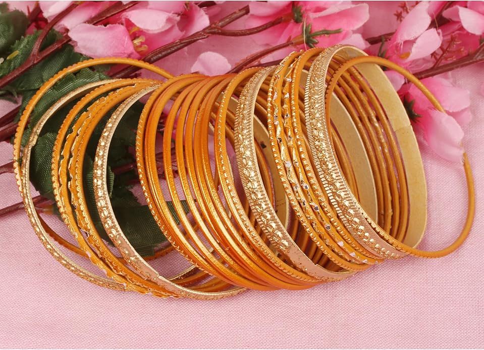 Touchstone Indian Metal Bangles for Women Gold Alloy Bracelets desi 2 Dozen Bangle Collection Bollywood Women's Jewelry Set Multi Stacking Wide Chunky Textured Golden Set of 24 in Gold or White Tone