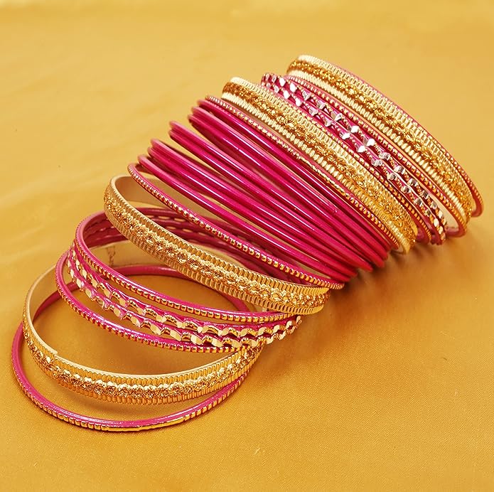 Touchstone Indian Metal Bangles for Women Gold Alloy Bracelets desi 2 Dozen Bangle Collection Bollywood Women's Jewelry Set Multi Stacking Wide Chunky Textured Golden Set of 24 in Gold or White Tone