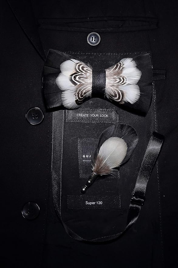 RBOCOTT Handmade Feather Pre-tied Bow tie and Brooch Sets for Men