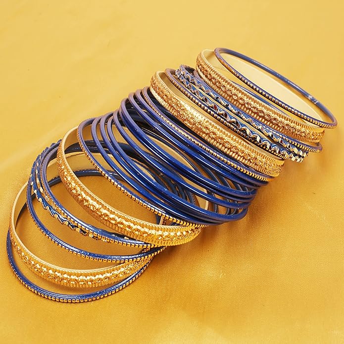 Touchstone Indian Metal Bangles for Women Gold Alloy Bracelets desi 2 Dozen Bangle Collection Bollywood Women's Jewelry Set Multi Stacking Wide Chunky Textured Golden Set of 24 in Gold or White Tone