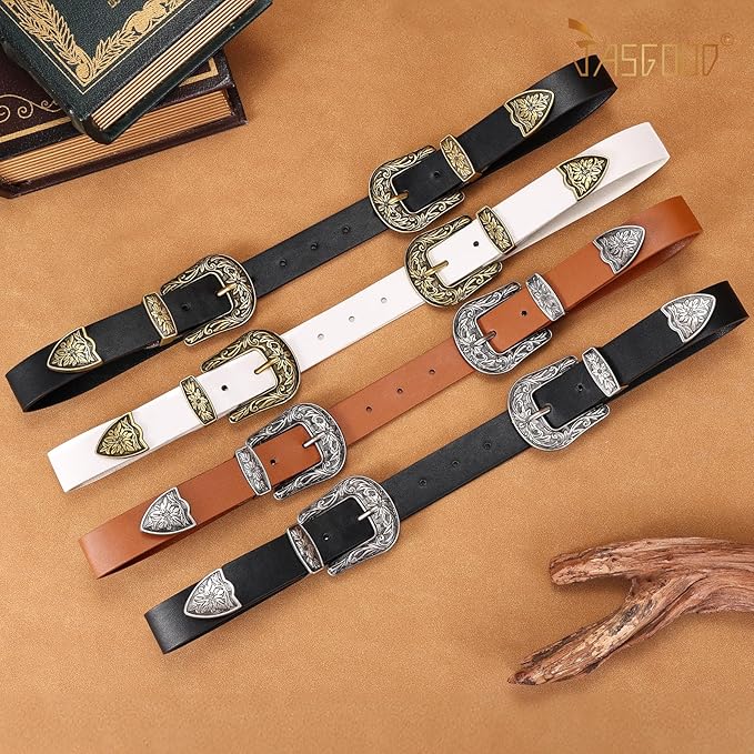JASGOOD Double Buckle Western Belts For Woman Cowgirl Country Belt Vintage Black Leather Belt For Jeans Pants Dresses