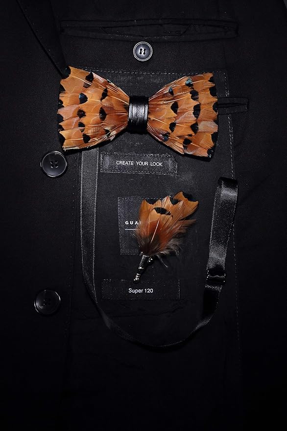 RBOCOTT Handmade Feather Pre-tied Bow tie and Brooch Sets for Men