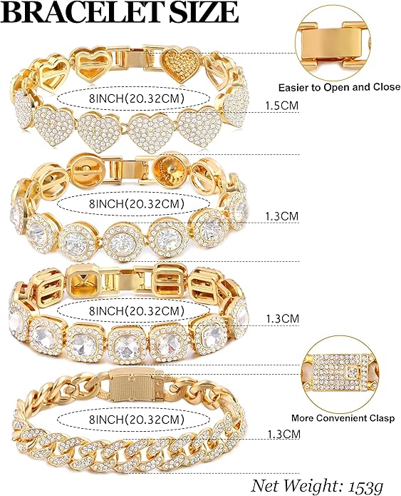 4PCS Gold Bracelets for Women Silver Clustered Tennis Bracelet for Women Heart Round Diamond Cuban Bracelet Layered Link Bracelet Set Fashion Jewelry for Women Set
