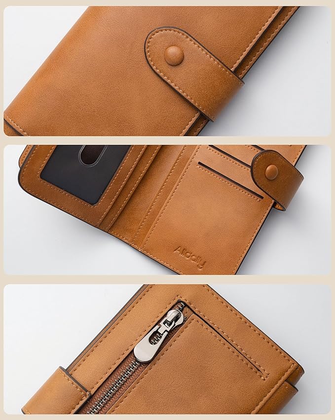 RFID Blocking Leather Wallet for Women, Slim Trifold with 14 Card Slots and Zipper Pocket (Brown)