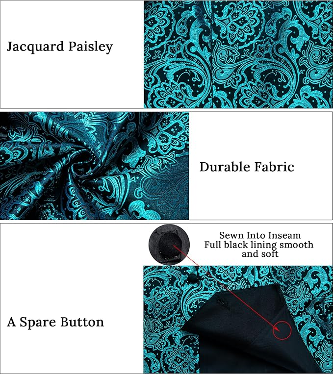 DiBanGu Mens Paisley Suit Vest Silk Jacquard Waistcoat and Necktie Set Formal Shawl Collar Dress Vest 7PCS for Wedding Party