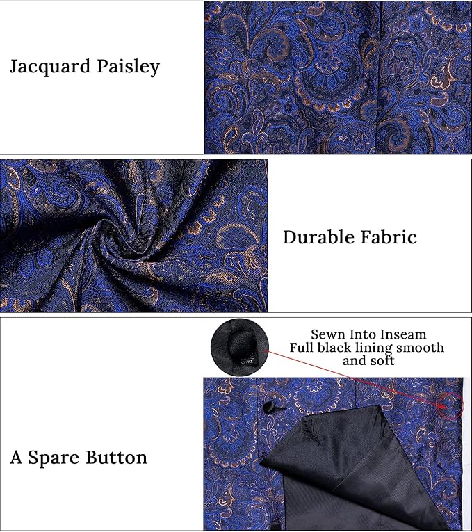 DiBanGu Mens Paisley Suit Vest Silk Jacquard Waistcoat and Necktie Set Formal Shawl Collar Dress Vest 7PCS for Wedding Party