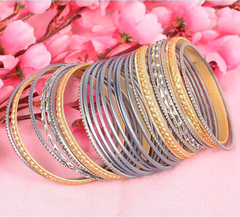 Touchstone Indian Metal Bangles for Women Gold Alloy Bracelets desi 2 Dozen Bangle Collection Bollywood Women's Jewelry Set Multi Stacking Wide Chunky Textured Golden Set of 24 in Gold or White Tone