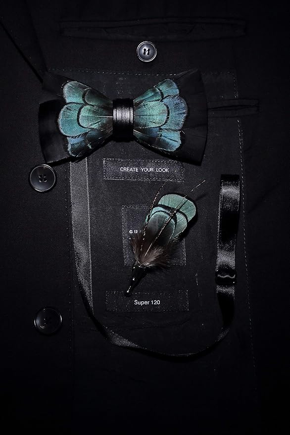 RBOCOTT Handmade Feather Pre-tied Bow tie and Brooch Sets for Men