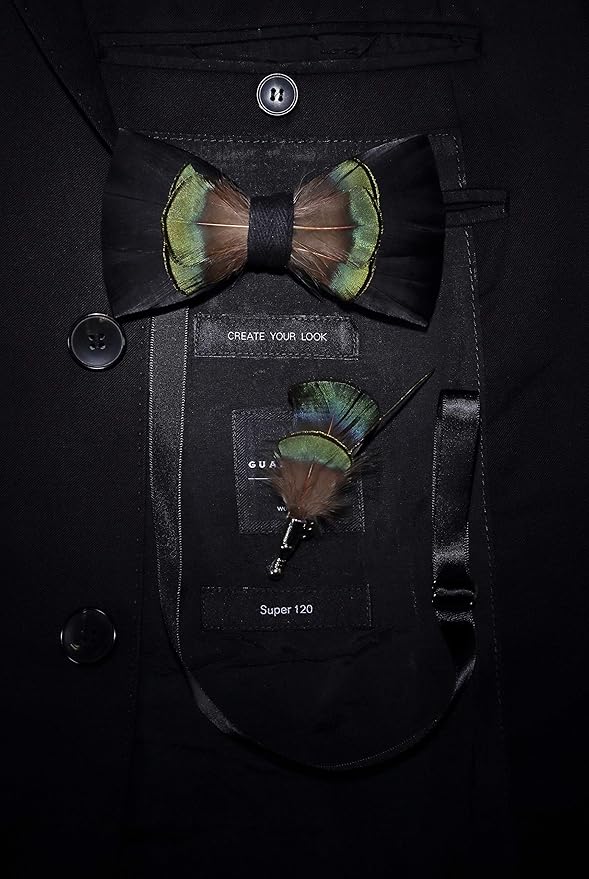 RBOCOTT Handmade Feather Pre-tied Bow tie and Brooch Sets for Men