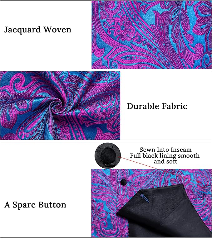 DiBanGu Mens Paisley Suit Vest Silk Jacquard Waistcoat and Necktie Set Formal Shawl Collar Dress Vest 7PCS for Wedding Party