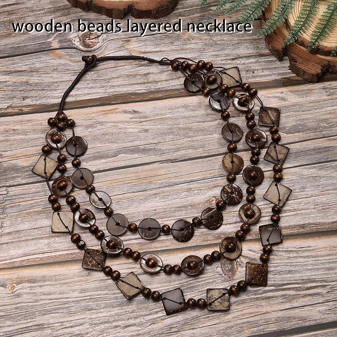 MILAKOO Wood Beads Necklace & Earrings for Women Chunky Multi-Layering Choker Necklace Ear Pendant