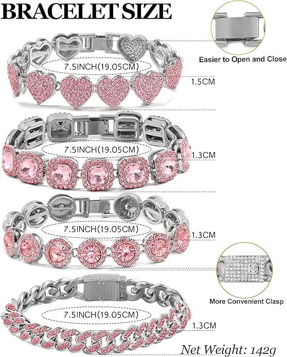 4PCS Gold Bracelets for Women Silver Clustered Tennis Bracelet for Women Heart Round Diamond Cuban Bracelet Layered Link Bracelet Set Fashion Jewelry for Women Set