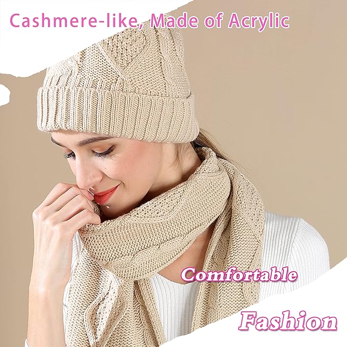 Winter Hat Gloves Scarf Set for Women, Cable Knit Beanie Pom Cap Touch Screen Glove Long Scarf 3PCS Winter Gift for Women Men