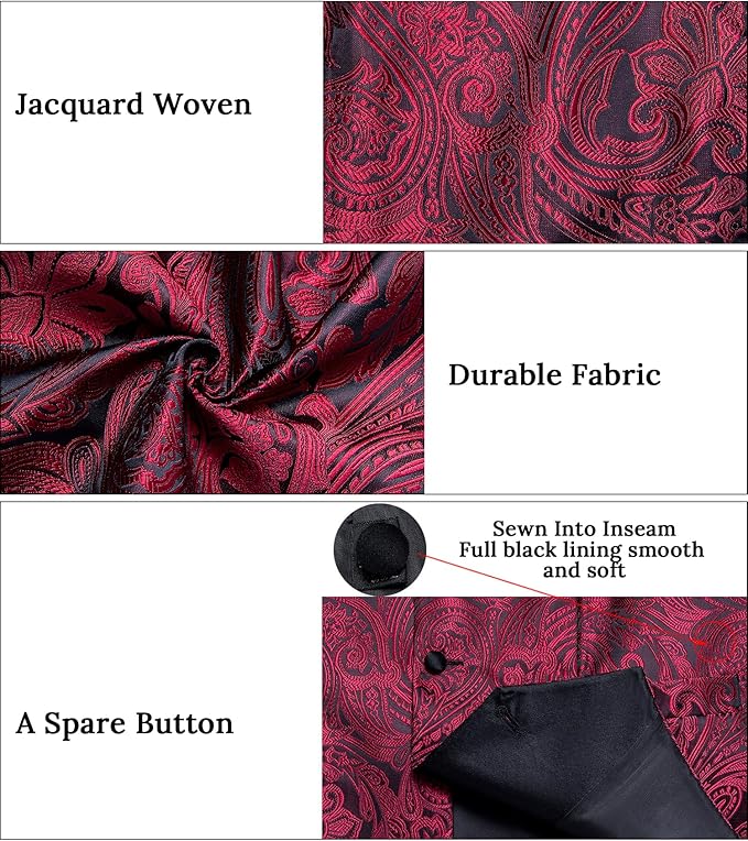 DiBanGu Mens Paisley Suit Vest Silk Jacquard Waistcoat and Necktie Set Formal Shawl Collar Dress Vest 7PCS for Wedding Party