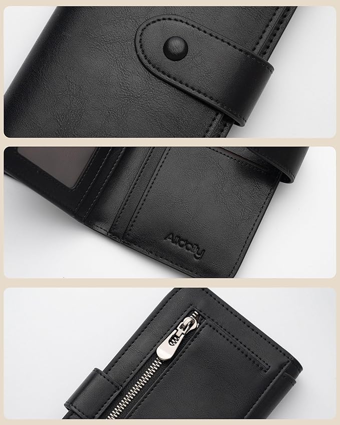RFID Blocking Leather Wallet for Women, Slim Trifold with 14 Card Slots and Zipper Pocket (Black)