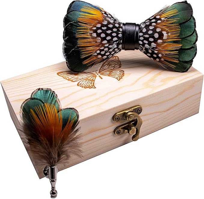 RBOCOTT Handmade Feather Pre-tied Bow tie and Brooch Sets for Men