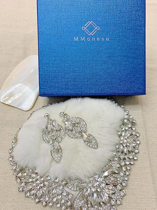 Women Jewelry Set Rhinestone Crystal Green Bride Statement Choker Necklace Teardrop Cluster Dangle Earrings Set for Wedding Party