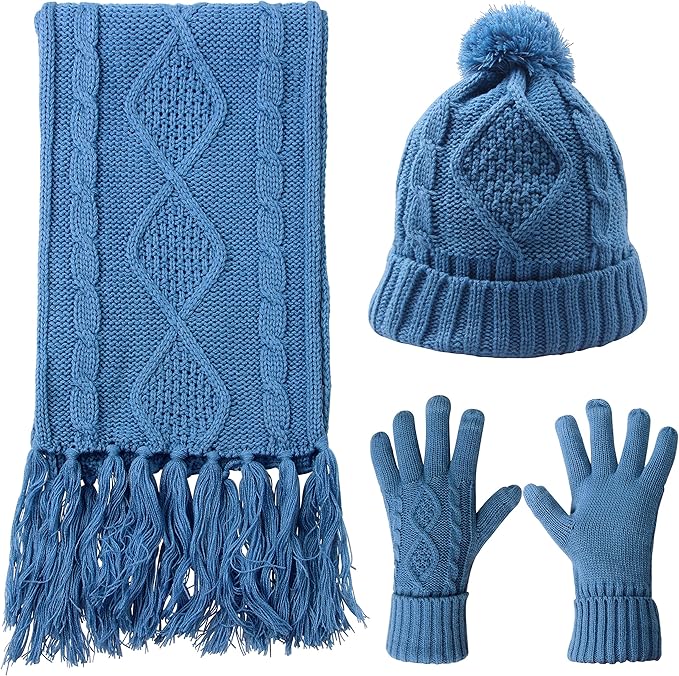 Winter Hat Gloves Scarf Set for Women, Cable Knit Beanie Pom Cap Touch Screen Glove Long Scarf 3PCS Winter Gift for Women Men
