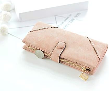 Women's Genuine Leather Bifold Clutch Wallet Large Capacity Card Organizer with Buckle Closure in Candy Colors (Pink)