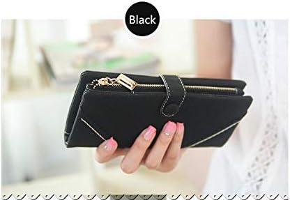 Women's Genuine Leather Bifold Clutch Wallet Large Capacity Card Organizer with Buckle Closure in Candy Colors (Black)