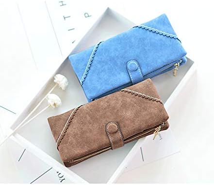 Women's Genuine Leather Bifold Clutch Wallet Large Capacity Card Organizer with Buckle Closure in Candy Colors (Blue)