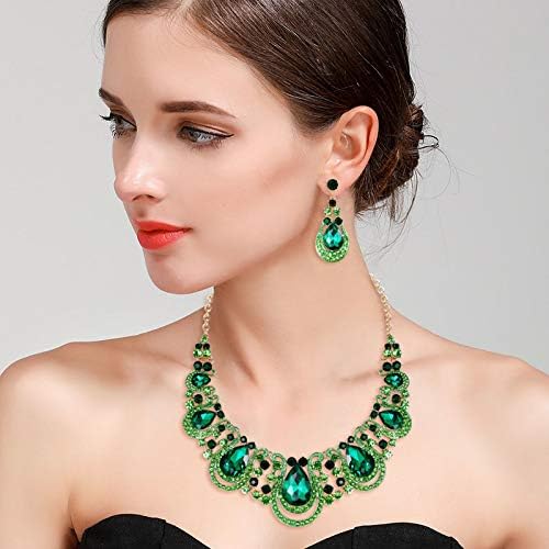 BriLove Women's Costume Fashion Crystal Teardrop Hollow Scroll Statement Necklace Dangle Earrings Set