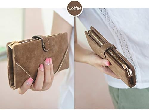 Women's Genuine Leather Bifold Clutch Wallet Large Capacity Card Organizer with Buckle Closure in Candy Colors (Coffee)