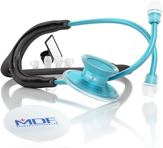 MDF Instruments, Acoustica Lightweight Stethoscope for Doctors, Nurses, Students, Home Health Use, Adult, Dual Head, Black Tube, Aqua Chestpiece-Headset, MDF747XPAQ11