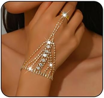 Sparkly Rhinestone Hand Chains Finger Ring Bracelets Silver Crystal Flower Chain Ring Bracelet Boho Hand Harness Chain Bracelet Wedding Party Prom Christmas Fashion Jewelry Accessories for Women