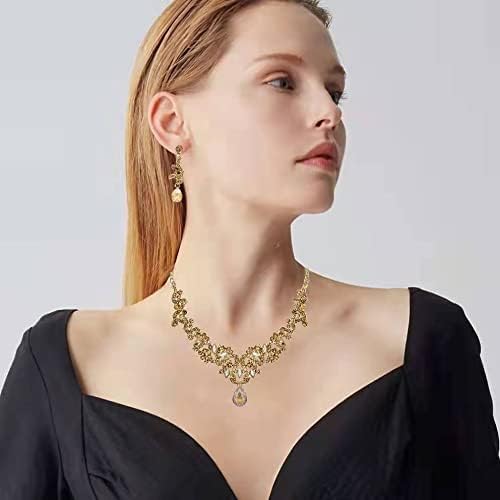 Jewelry Set for Women, Statement Necklace Dangle Earrings Bracelet Ring, White/KC Gold Plated Jewelry Set with Rhinestone Pearl Crystal Wedding Party Jewelry for Bridal Bridesmaid