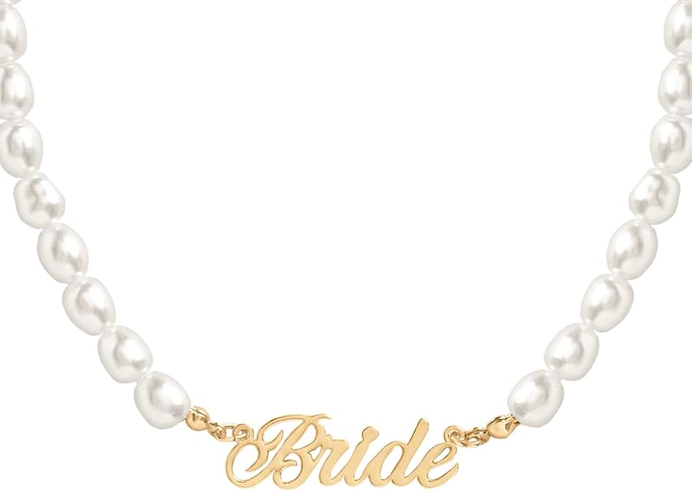 xo, Fetti Bride Pearl Beaded Necklace, 16" Choker, Bride Gold Nameplate | Bachelorette Party Decorations, Bridesmaid Gift, Bridal Shower, Wedding