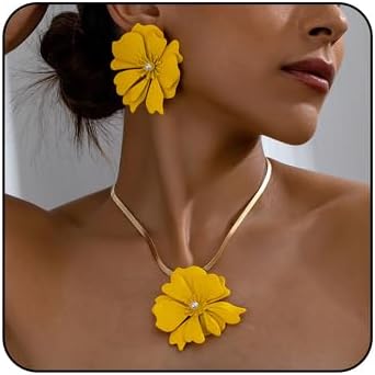 Vintage Flower Necklace Earring Set Gold Snake Chain Necklace Bohemian Red Flowers Choker Necklaces Hypoallergenic Statement Flower Stud Earrings Elegant Bridal Wedding Summer Beach Jewelry