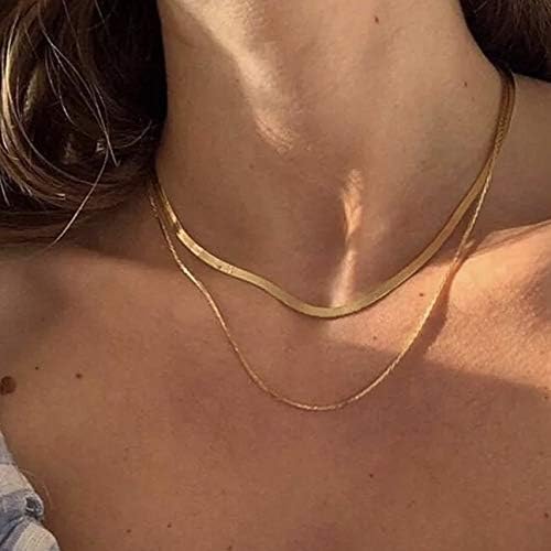 Shapes Studio 18K Gold Plated Double Herringbone Chain Necklace, Minimalist Jewelry, Stacking Necklaces, Gold Snake Chain Layering Necklace