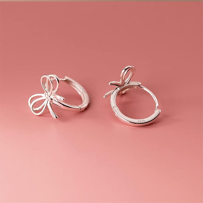 Reffeer Solid 925 Sterling Silver Bow Hoop Earrings Ribbon for Women Teen Girls Bowknot Hoop Earrings Huggie